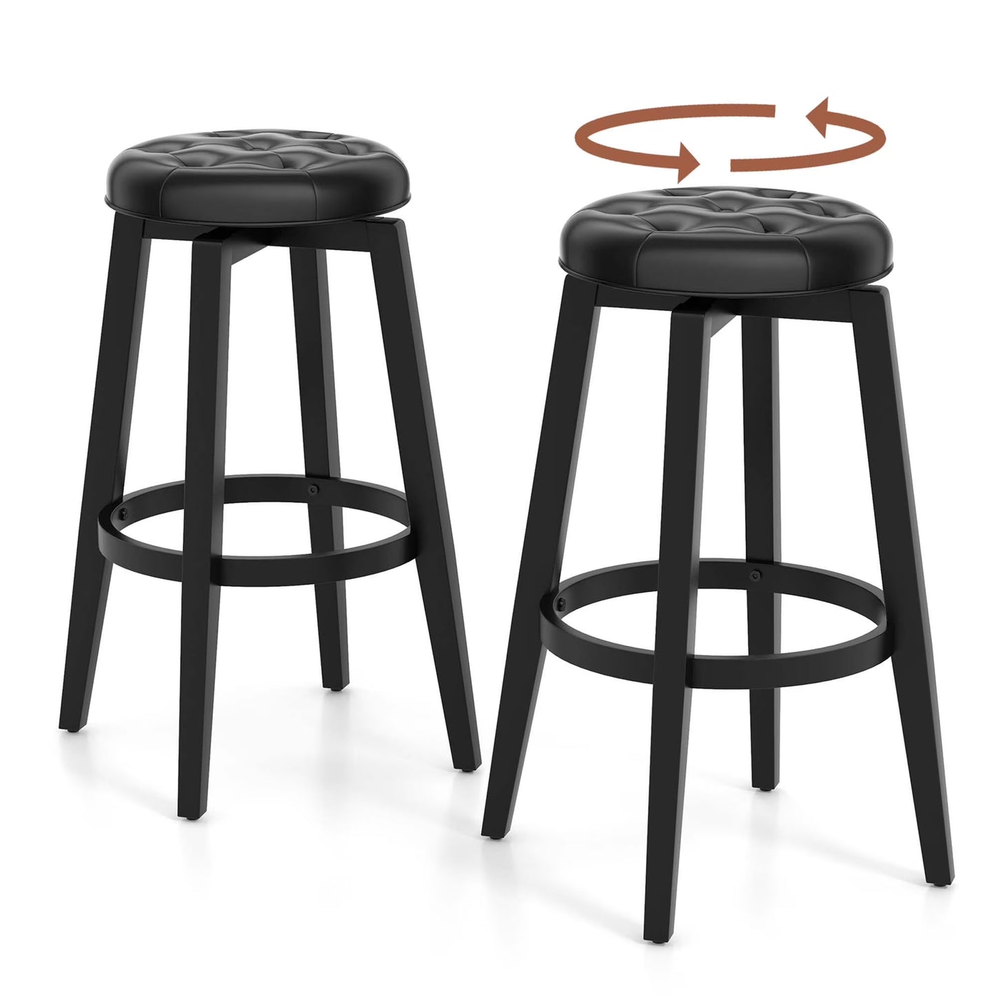 26" Swivel Bar Stool Set of 2 Upholstered Counter Height Rubber Wood Frame Black