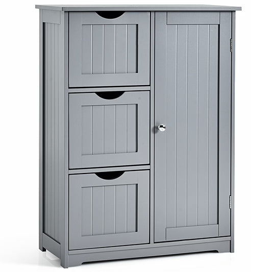 Bathroom Floor Cabinet Side Storage Cabinet with 3 Drawers and 1 Cupboard Grey