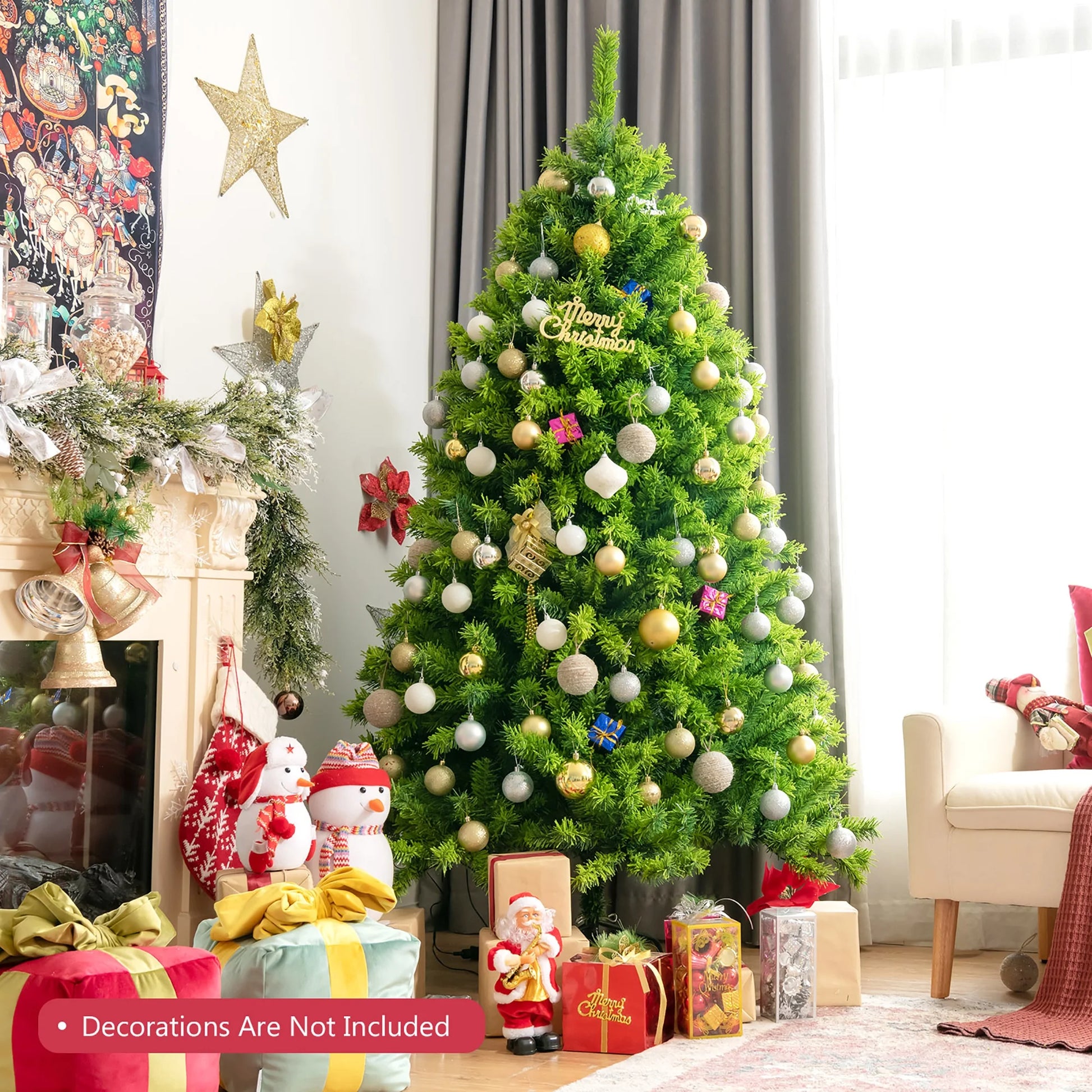 6.5Ft Green Flocked Hinged Artificial Christmas Tree W/ Metal Stand Green
