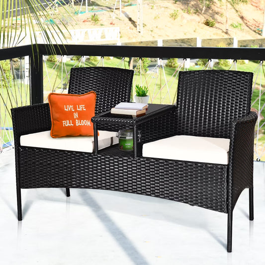 Patio Rattan Conversation Set Seat Sofa Cushioned Loveseat Glass Table Chairs