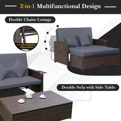 Patio Rattan Loveseat Set Daybed Lounge Storage Ottoman Side Tables Adjust Gray