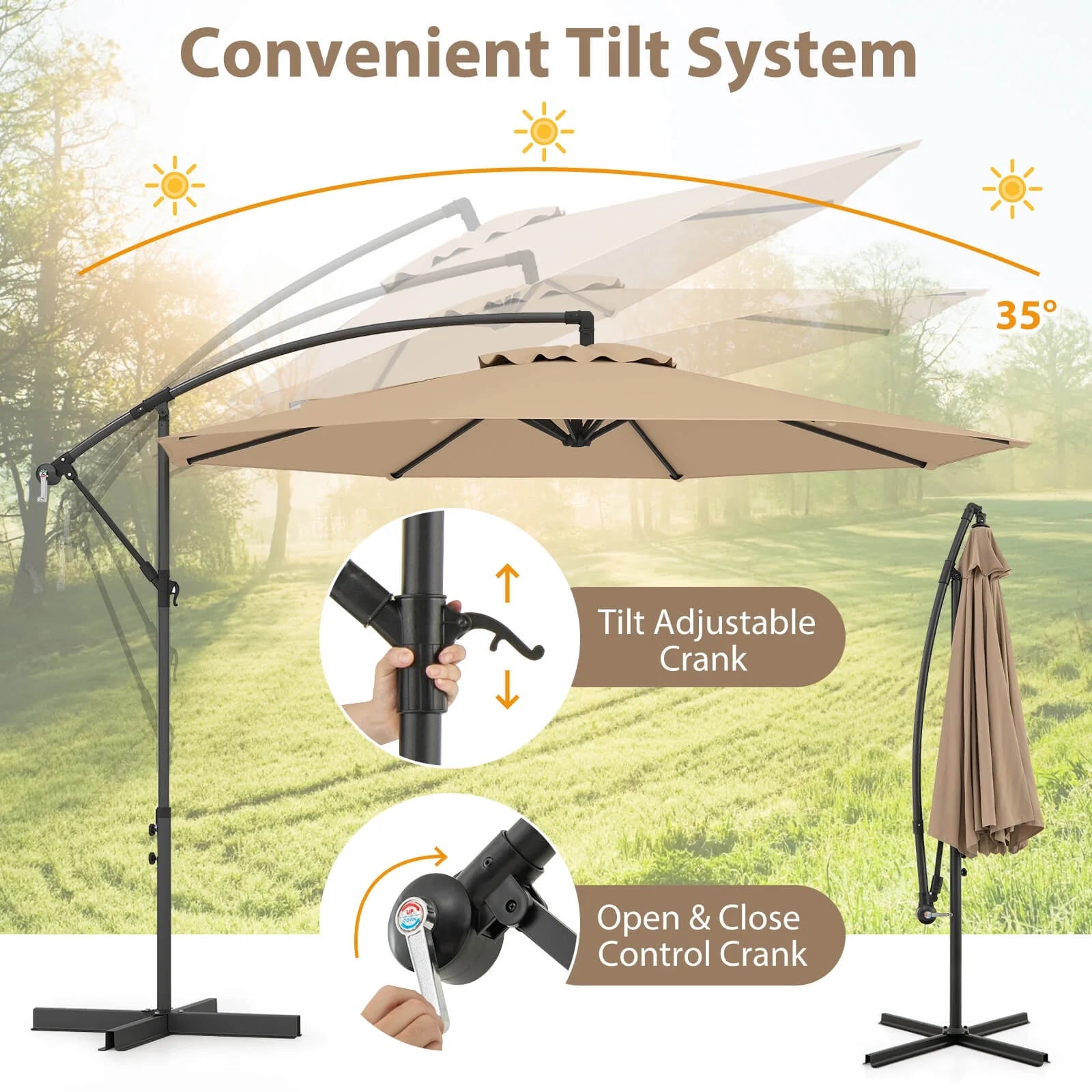 10' Hanging Umbrella Patio Sun Shade Offset Garden Market W/ T Cross Base Tan