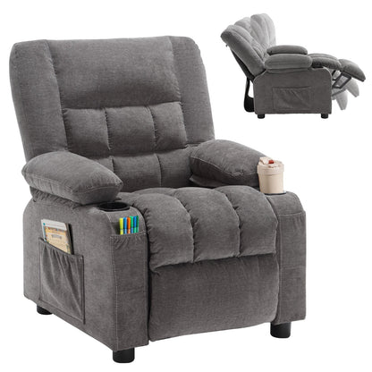 Kids Recliner Chair,Push Back Toddler Recliner with Cup Holders & Side Pockets,Adjustable Footrest & Headrest Kids Sofa for Boys Girls 3+ Age Group, Grey