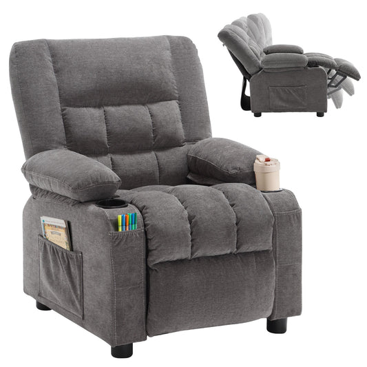 Kids Recliner Chair,Push Back Toddler Recliner with Cup Holders & Side Pockets,Adjustable Footrest & Headrest Kids Sofa for Boys Girls 3+ Age Group, Grey
