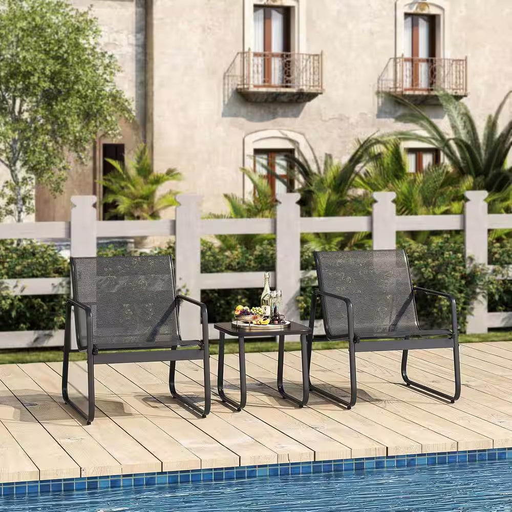 Patio Chairs Set of 2, Patio Furniture Set with Metal Frame Glass Table, Black