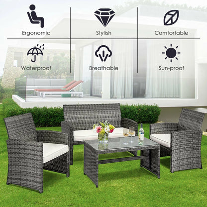 4PCS Rattan Patio Furniture Set Garden Sofa Cushioned Seat Mix Gray Wicker
