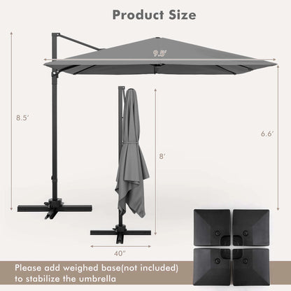 Patio 9.5FT Square Cantilever Offset Hanging Umbrella 2-Tier 360° Outdoor Gray
