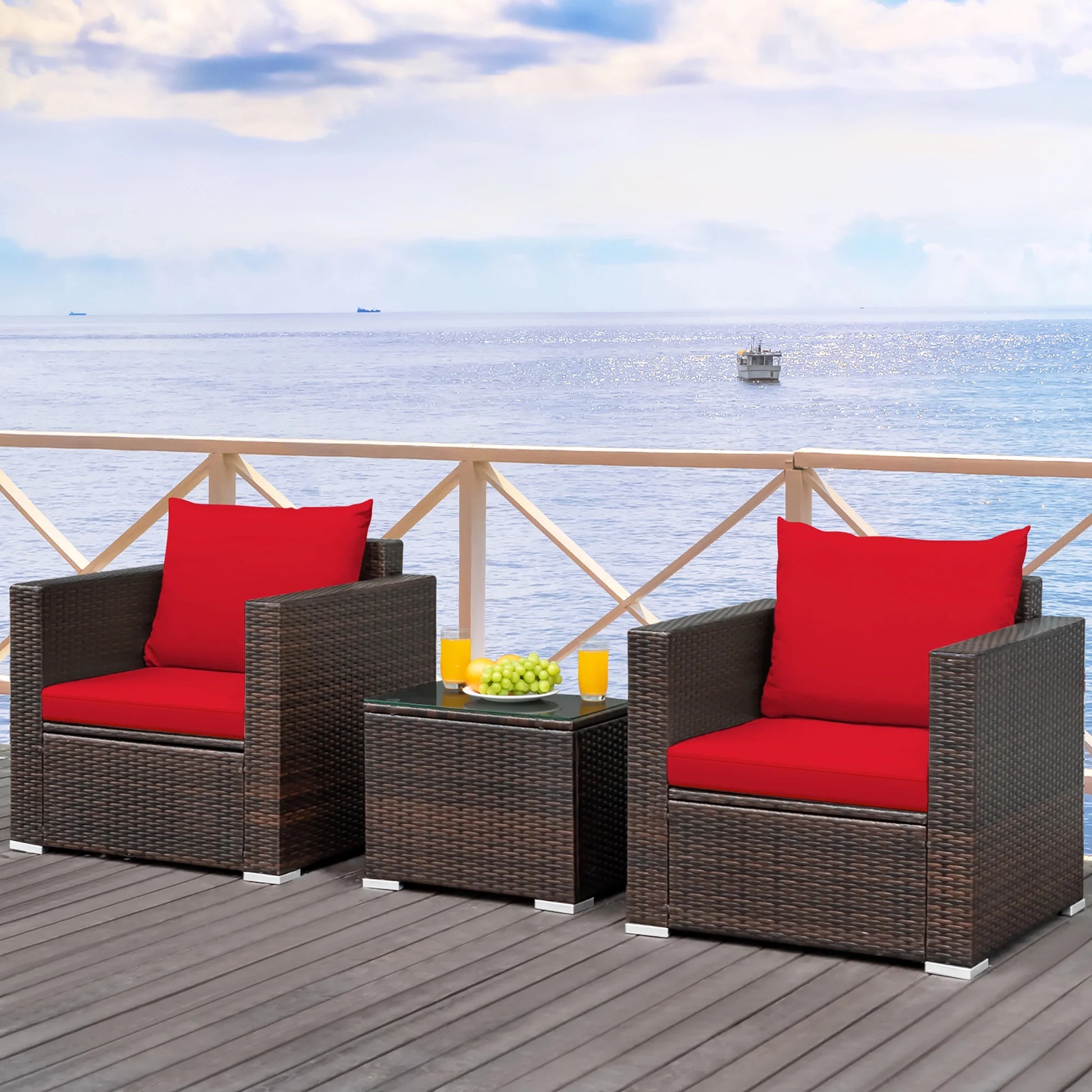 3PCS Patio Rattan Furniture Set Conversation Sofa Cushioned Garden Red