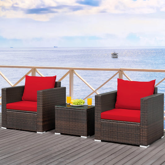 3PCS Patio Rattan Furniture Set Conversation Sofa Cushioned Garden Red
