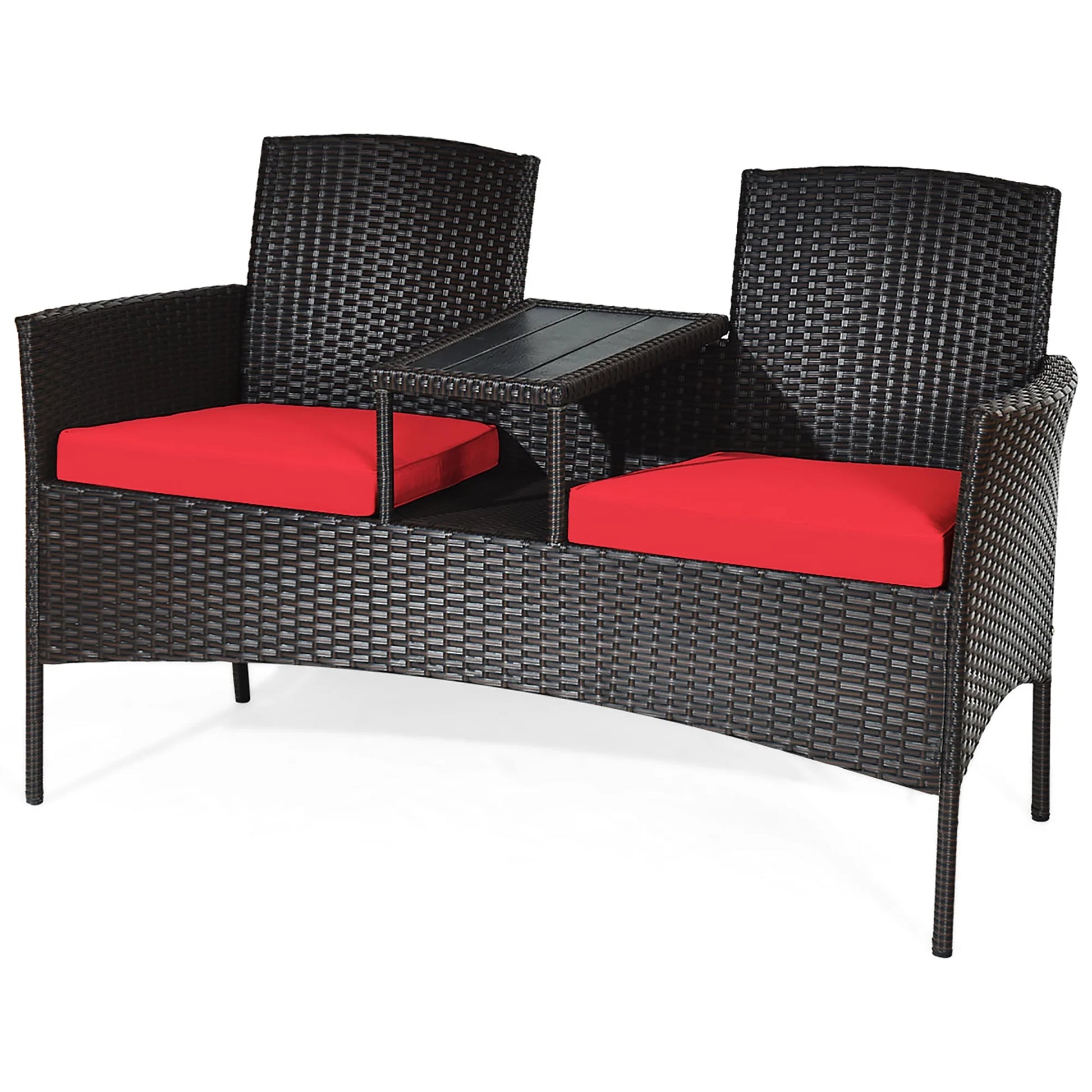 Patio Rattan Loveseat Sofa Cushioned Coffee Table Red