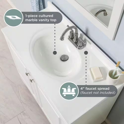 37 In. Single Sink White Bath Vanity with Cultured Marble Top (Assembled)