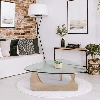 Coffee Tables for Living Room - Triangle Glass Coffee Table with Wooden Base Mid-Century Modern Abstract End Table for Study Room Office Hotel Balcony (Wood Transparent, Small 32.2 * 22.4 * 16In)