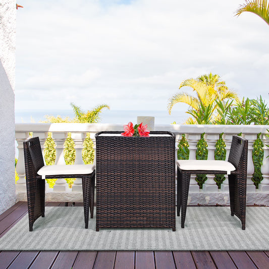 3PCS Outdoor Patio Rattan Furniture Set Space Saving Garden Deck W/Cushion No Assembly