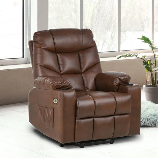 Power Lift Recliner Chair Heated PU Leather with Massage, Brown