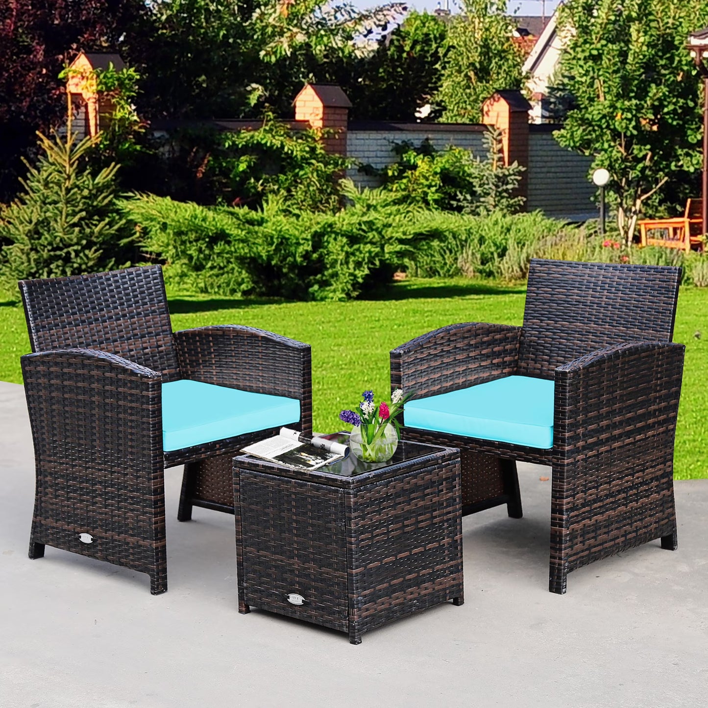 3PCS Patio Rattan Wicker Furniture Cushion Sofa Coffee Table White