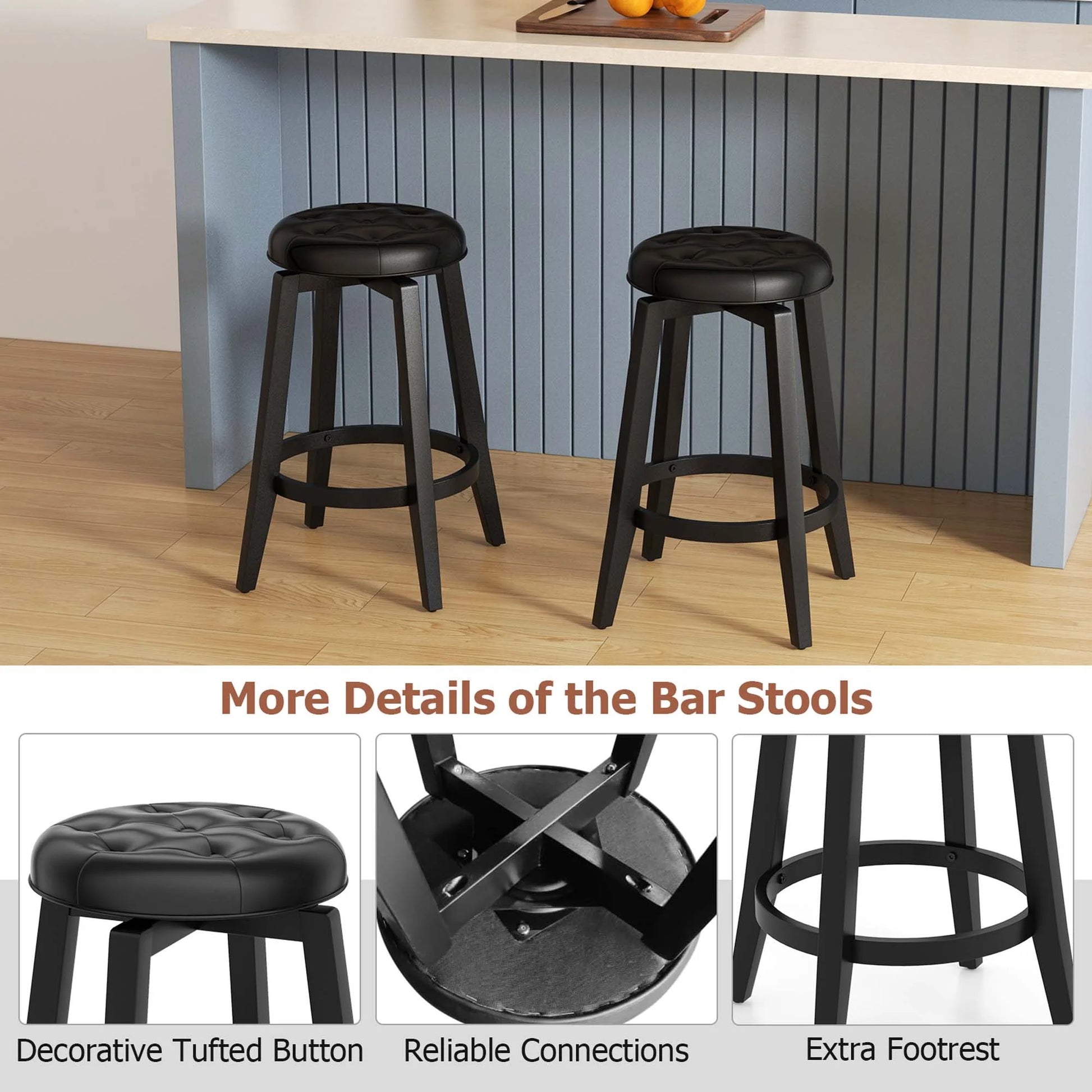 26" Swivel Bar Stool Set of 2 Upholstered Counter Height Rubber Wood Frame Black