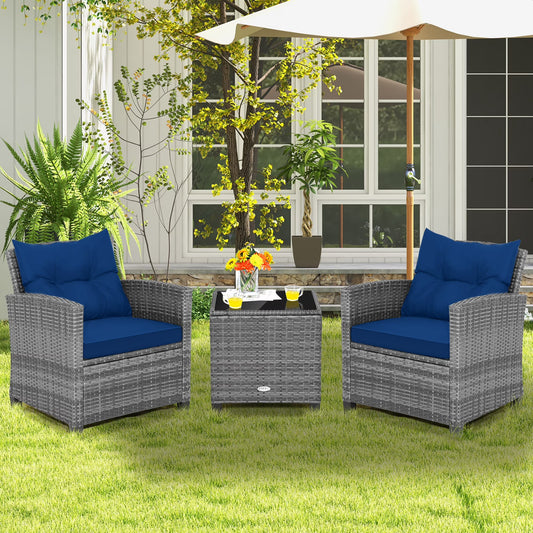 3PCS Patio Rattan Furniture Bistro Set Cushioned Sofas Side Table Armrest Navy