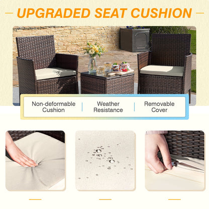 3 Pieces Patio Furniture Set Outdoor PE Rattan Wicker Patio Conversation Set Bistro Set with Tempered Glass and Cushioned Chairs, Brown/Beige