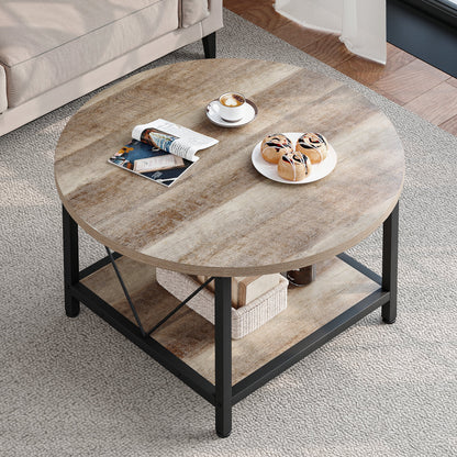 round Coffee Table with Storage, Rustic Living Room Tables with Sturdy Metal Legs, Brown