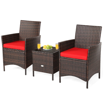 3PCS Patio Rattan Furniture Set Cushioned Sofa Glass Tabletop Deck Red