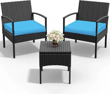 Patio Porch Furniture Set, 3 PCS Outdoor Patio Furniture with Rattan Chairs, Table, Blue Cushions for Garden Porch Balcony Yard