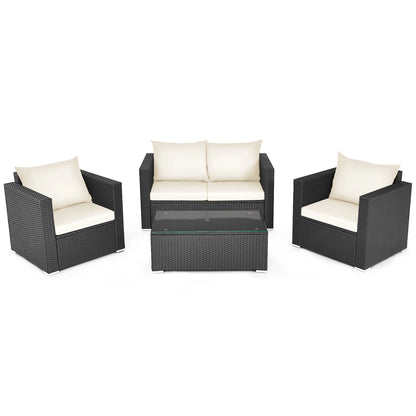 4PCS Patio Rattan Furniture Set Cushioned Loveseat Storage Table Navy