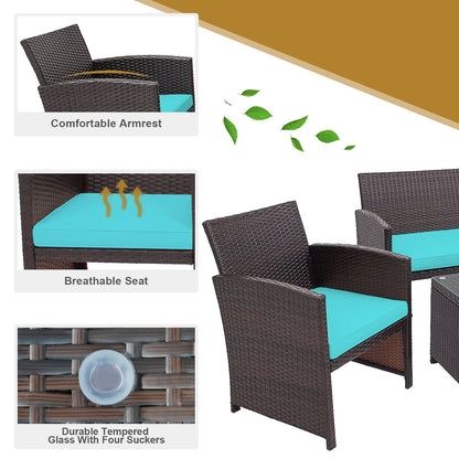 4PCS Patio Rattan Furniture Set Cushioned Chair Sofa Coffee Table Turquoise