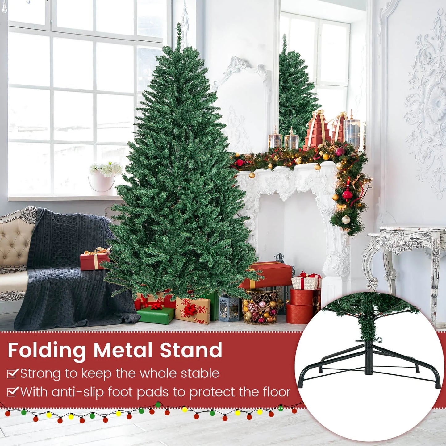 6Ft Hinged Artificial Christmas Tree Unlit Douglas Full Fir Tree W/ 1355 Tips