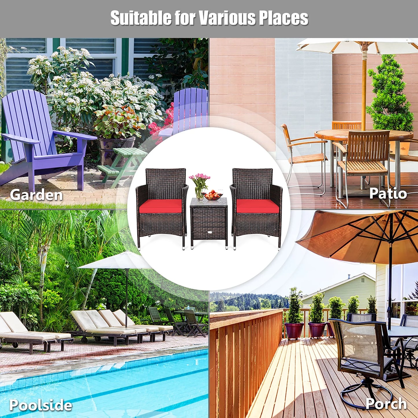 Outdoor 3 PCS PE Rattan Wicker Furniture Sets Chairs Coffee Table Garden Red