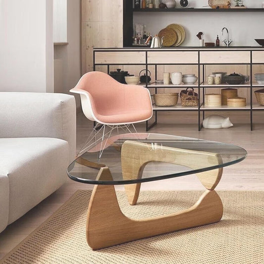 Coffee Tables for Living Room - Triangle Glass Coffee Table with Wooden Base Mid-Century Modern Abstract End Table for Study Room Office Hotel Balcony (Wood Transparent, Small 32.2 * 22.4 * 16In)