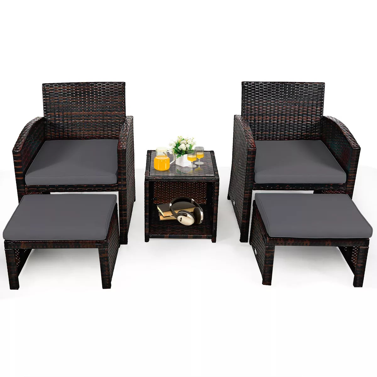 Costway 5PCS Patio Rattan Wicker Furniture Set Sofa Ottoman W/ Cushions