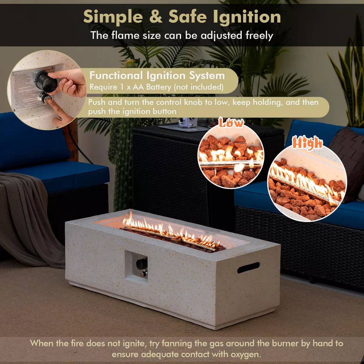 Costway 42'' Terrazzo Fire Pit Table 50,000 BTU Rectangle Propane Fire Pit with PVC Cover