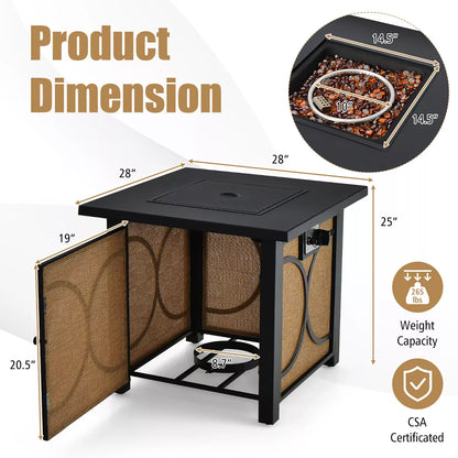 Costway 28 Inch Square Propane Gas Fire Pit Table with Fire Glasses &Rain Cover 50,000 BTU