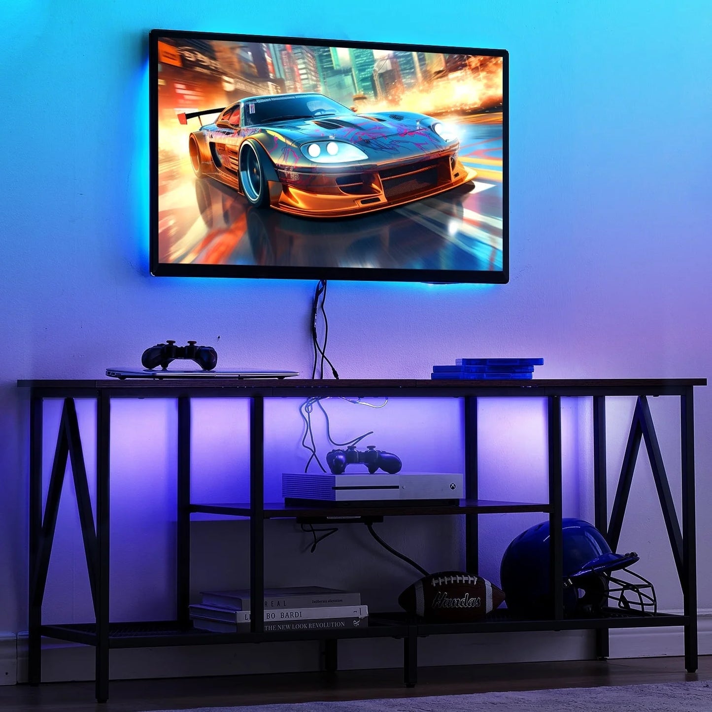 TV Stand for TV up to 65 Inches, TV Console Table with Led Lights & Power Outlets, Black