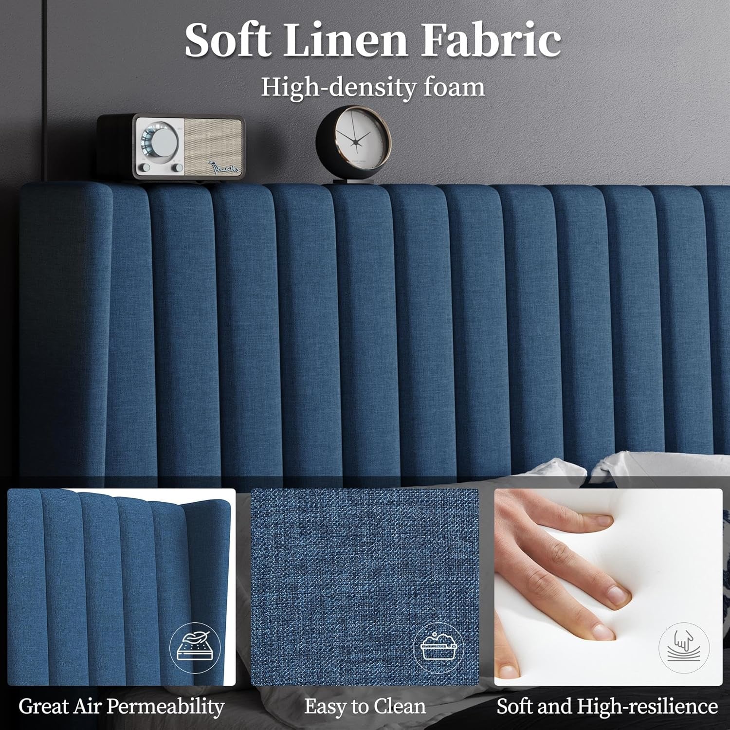 Queen Bed Frame Upholstered Platform Bed with Fabric Headboard, Wing Edge Design/Non-Slip and Noise-Free/Wooden Slats Support/No Box Spring Needed/Easy Assembly, Navy Blue Queen Bed