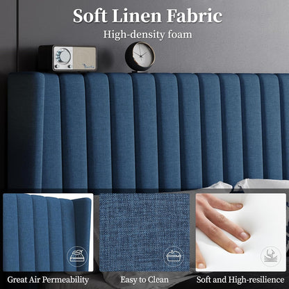 Queen Bed Frame Upholstered Platform Bed with Fabric Headboard, Wing Edge Design/Non-Slip and Noise-Free/Wooden Slats Support/No Box Spring Needed/Easy Assembly, Navy Blue Queen Bed