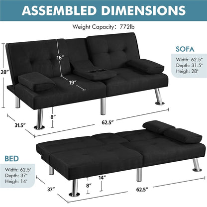 Fabric Upholstered Convertible Futon Sofa Bed with Cup Holders and Pillows, Black