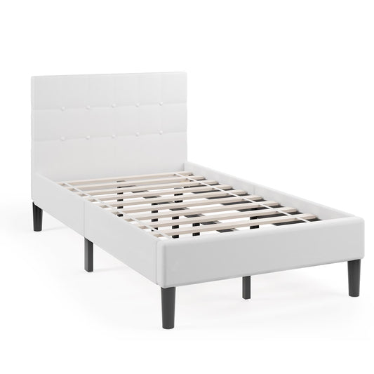 Twin Upholstered Bed Frame Button Tufted Headboard Mattress Foundation Beige