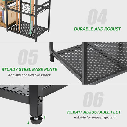 Garage Tool Organizer with 2-Tier Wooden Shelves, Yard Tool Organizer for Garage