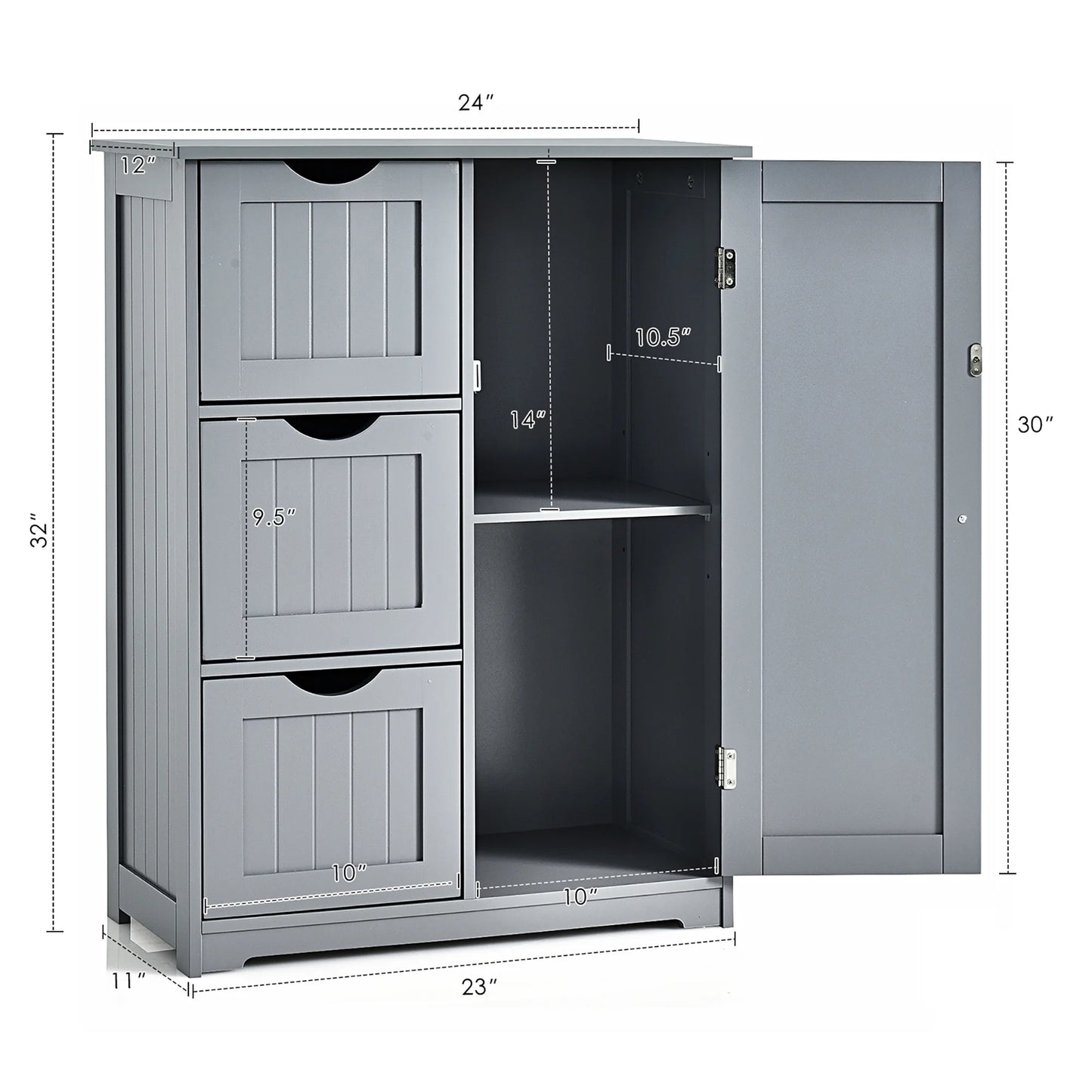 Bathroom Floor Cabinet Side Storage Cabinet with 3 Drawers and 1 Cupboard Grey