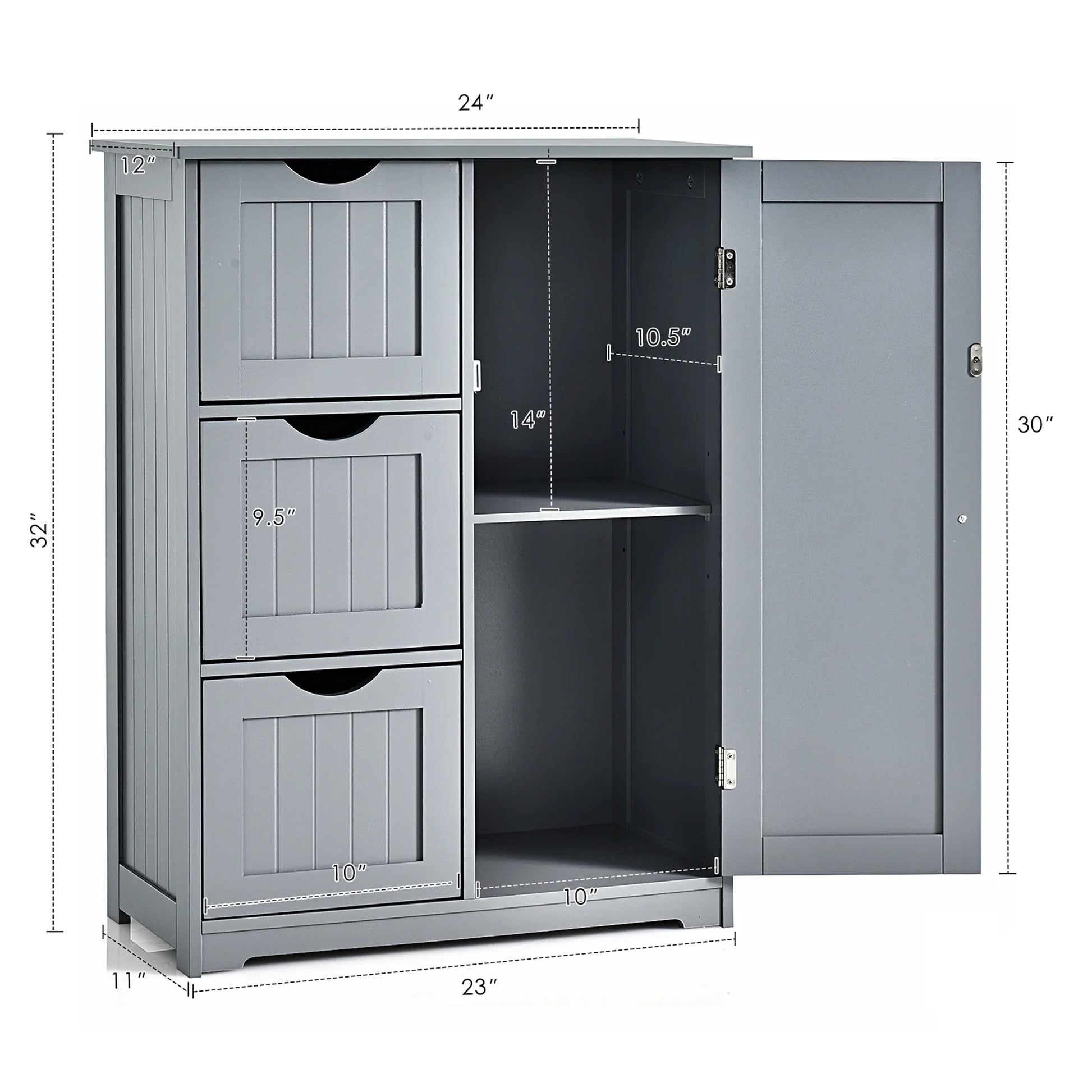 Bathroom Floor Cabinet Side Storage Cabinet with 3 Drawers and 1 Cupboard Grey