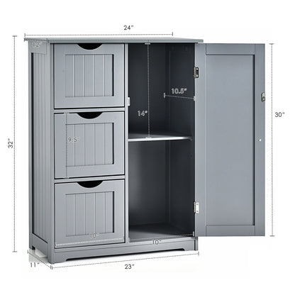 Bathroom Floor Cabinet Side Storage Cabinet with 3 Drawers and 1 Cupboard Grey