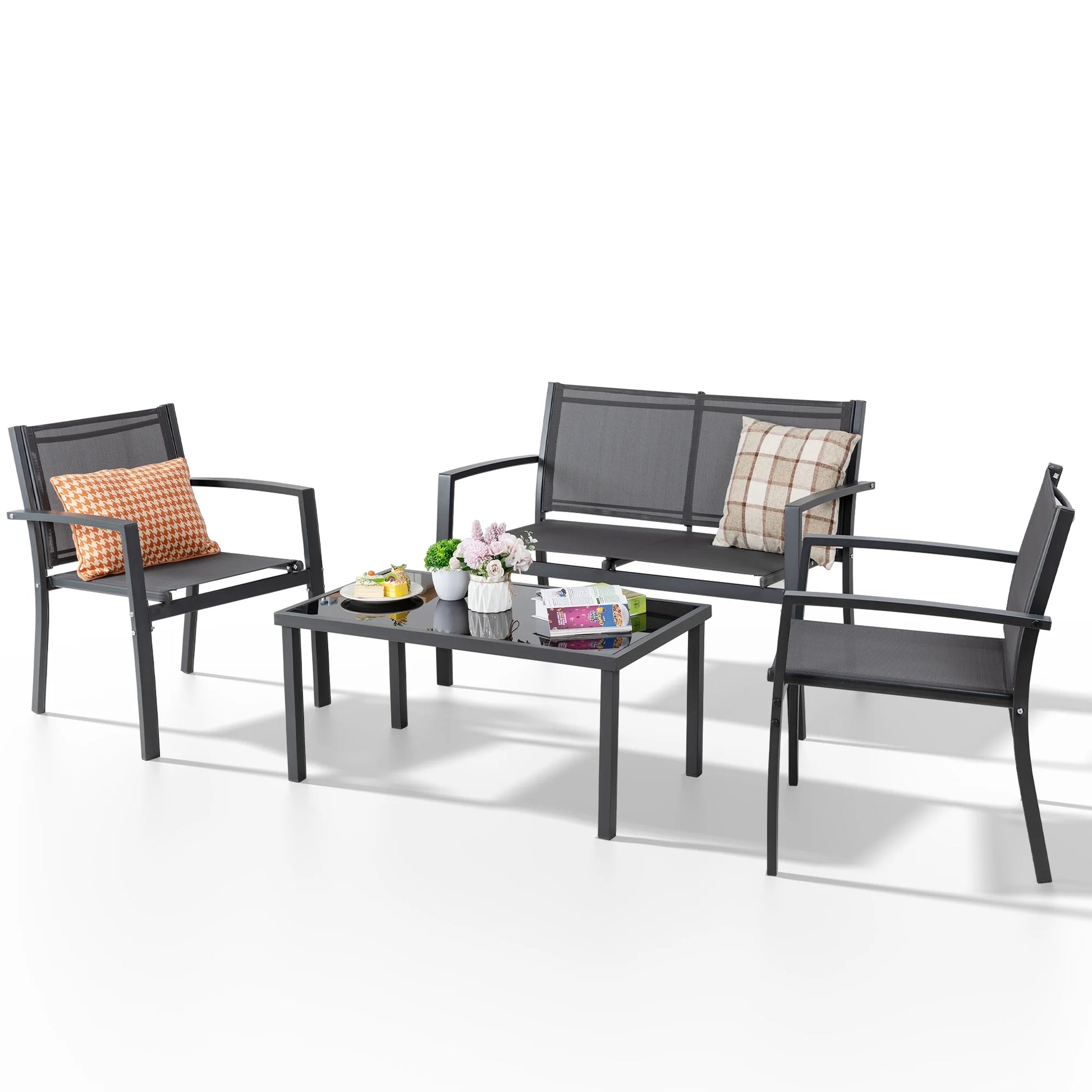 4 Pieces Outdoor Furniture Set All Weather Patio Textilene Steel Conversation Set, Patio Furniture Set Bistro Set with Loveseat Ea Table for Lawn and Balcony, Gray