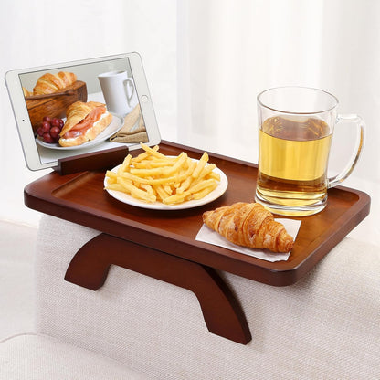 Couch Arm Table, Bamboo Sofa Clip on Tray Tables,Sofa Armrest Tray with 360° Phone Holder,Couch Armrest Table for Eating and Drinking