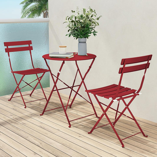Premium Frame Patio Bistro Set, Folding Outdoor Patio Furniture Sets, 3 Piece Patio Set of Folding Patio Table and Chairs, Red