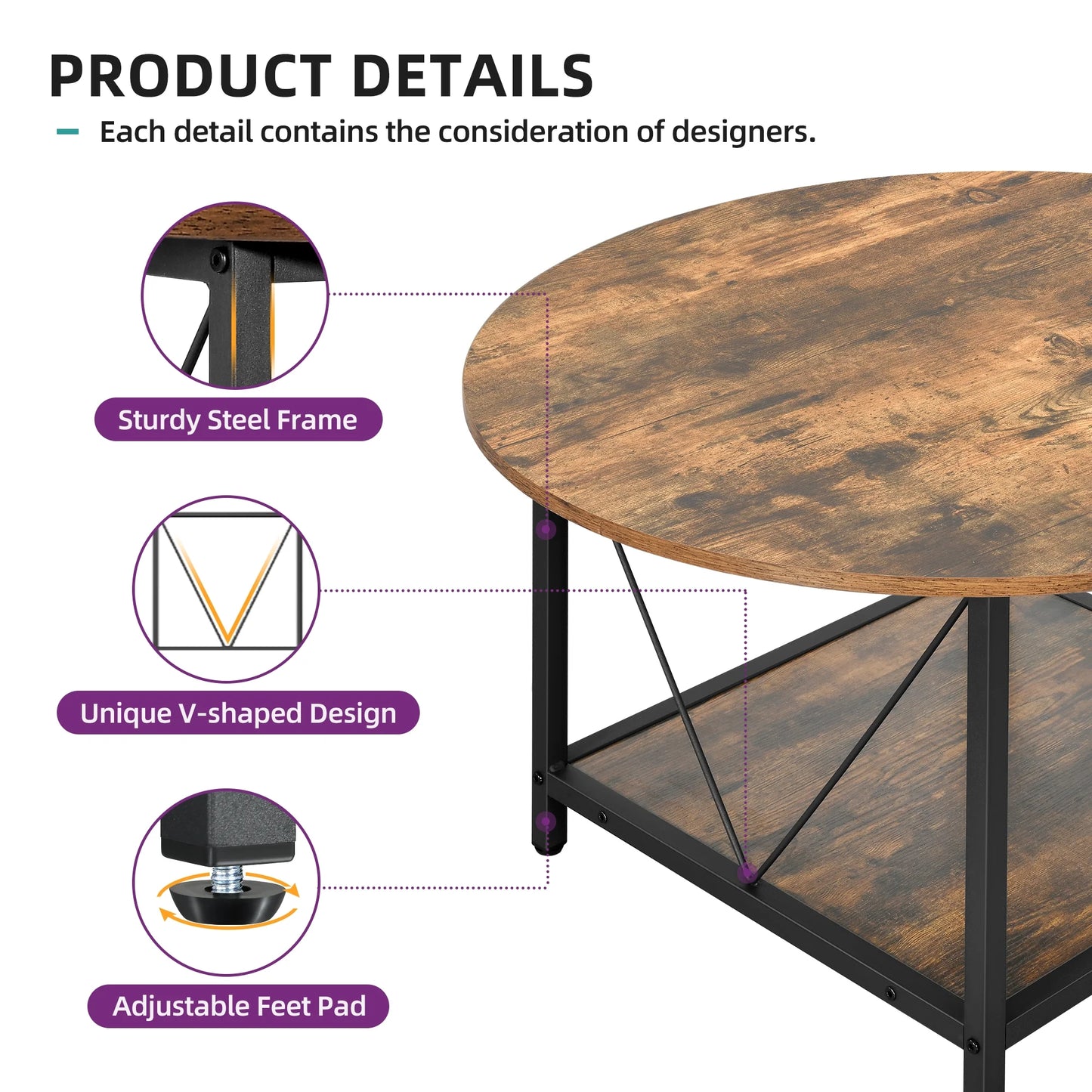 round Coffee Table with Storage, Rustic Living Room Tables with Sturdy Metal Legs, Brown