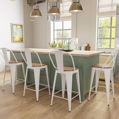 Metal Bar Stools Set of 4,26 Inch Barstools Counter Height Bar Stool with Backs Farmhouse Bar Stools with Larger Seat High Back Kitchen Dining Chairs Modern Bar Chairs White Cream Stool