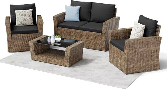 4 Piece Outdoor Patio Conversation Sets, Wicker Patio Furniture with Rattan Glass Table,Cushioned Patio Furniture Set for Garden