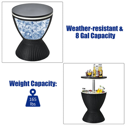 8 Gallon 3 in 1 Patio Rattan Cooler Bar Table Adjust Ice Bucket Black