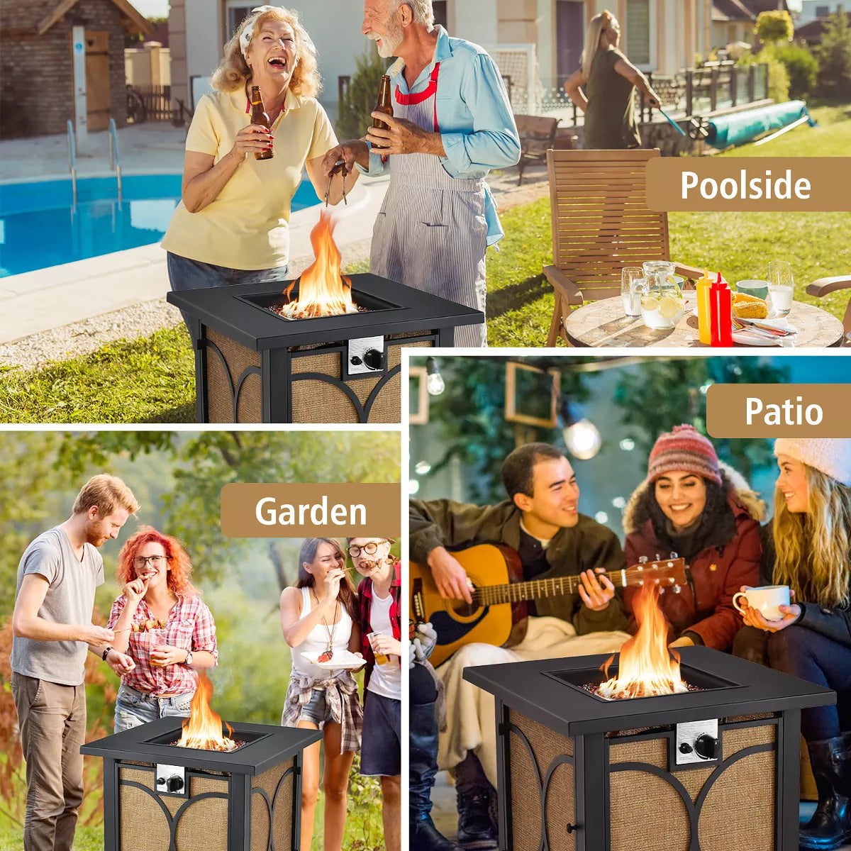 Costway 28 Inch Square Propane Gas Fire Pit Table with Fire Glasses &Rain Cover 50,000 BTU